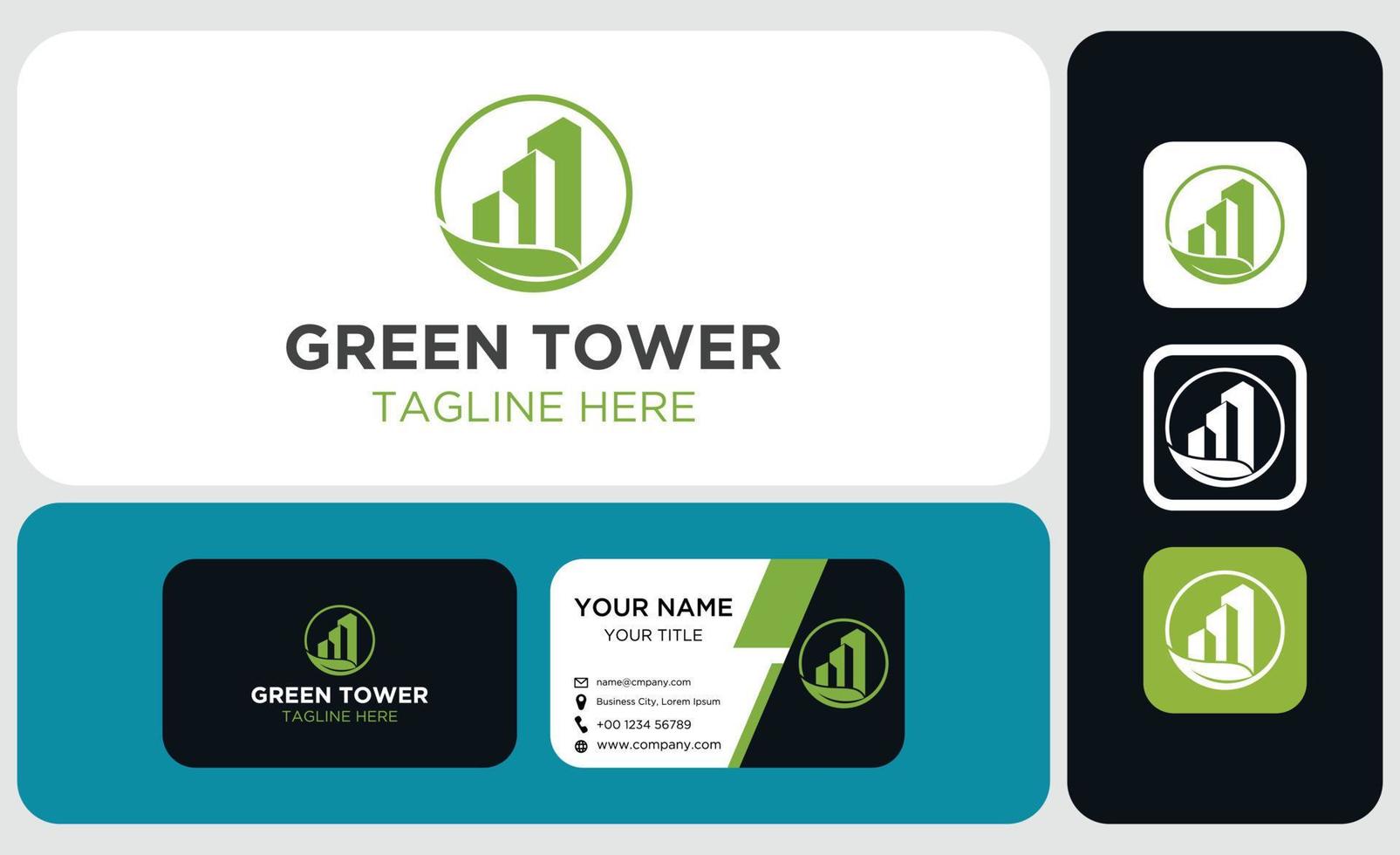 Package of business card and logo design. Abstract green city building logo design concept. Residential, apartment and city landscape icon symbol. vector