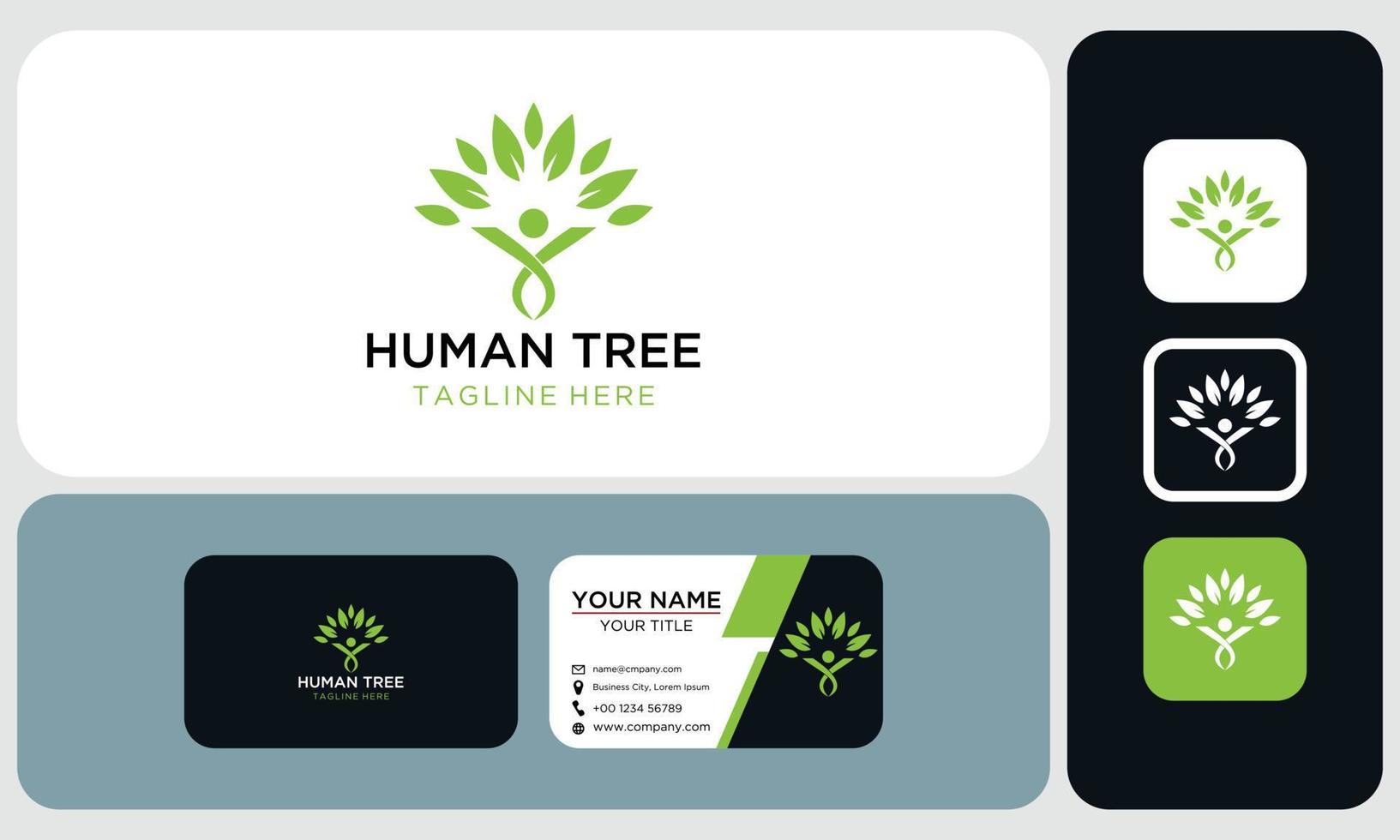 paquete de tarjeta de visita y diseño de logotipo. plantilla de diseño de logotipo de concepto creativo de árbol humano, logotipo de vector de árbol de personas