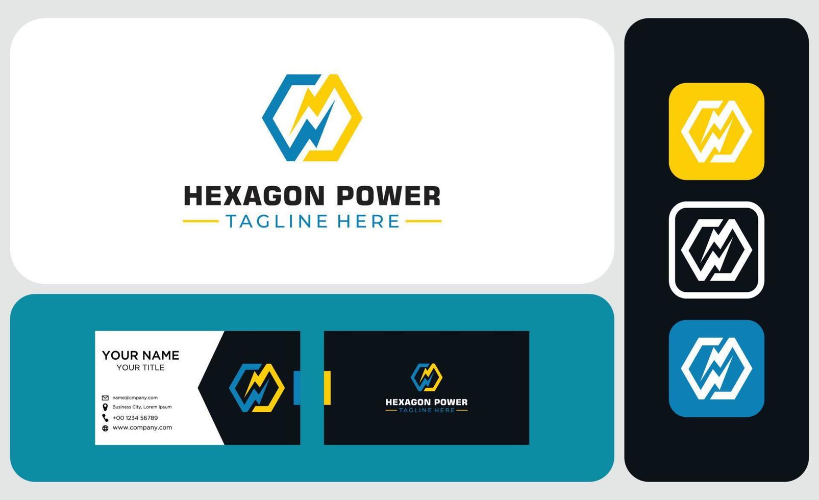 paquete de tarjeta de visita y diseño de logotipo. símbolo de energía y electricidad. signo de trueno en hexágono. vector