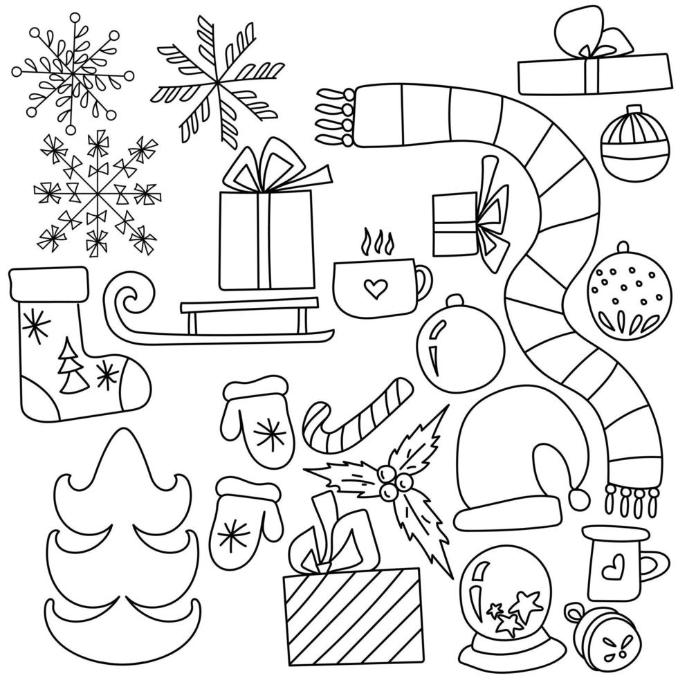 Set of christmas outline doodle attributes, festive winter details coloring  page vector