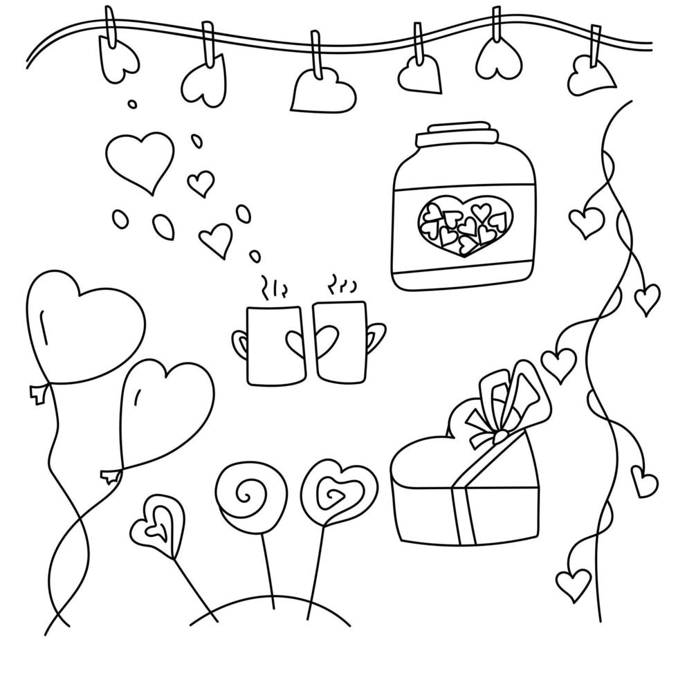 Valentine's day doodles set, heart shaped sweets and gifts, paired cups and themed garlands, heart balloons vector