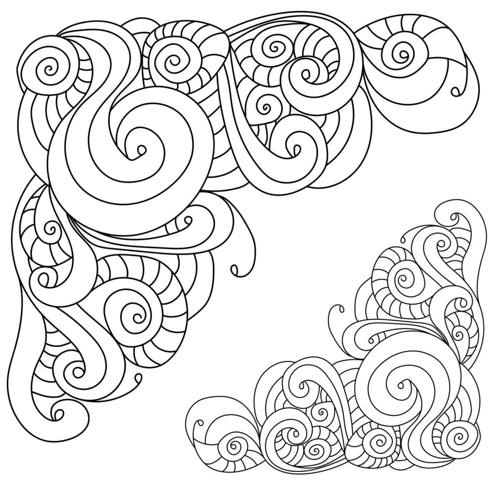 Decorative contour zen corners with swirls and spirals, coloring page from curved doodles vector