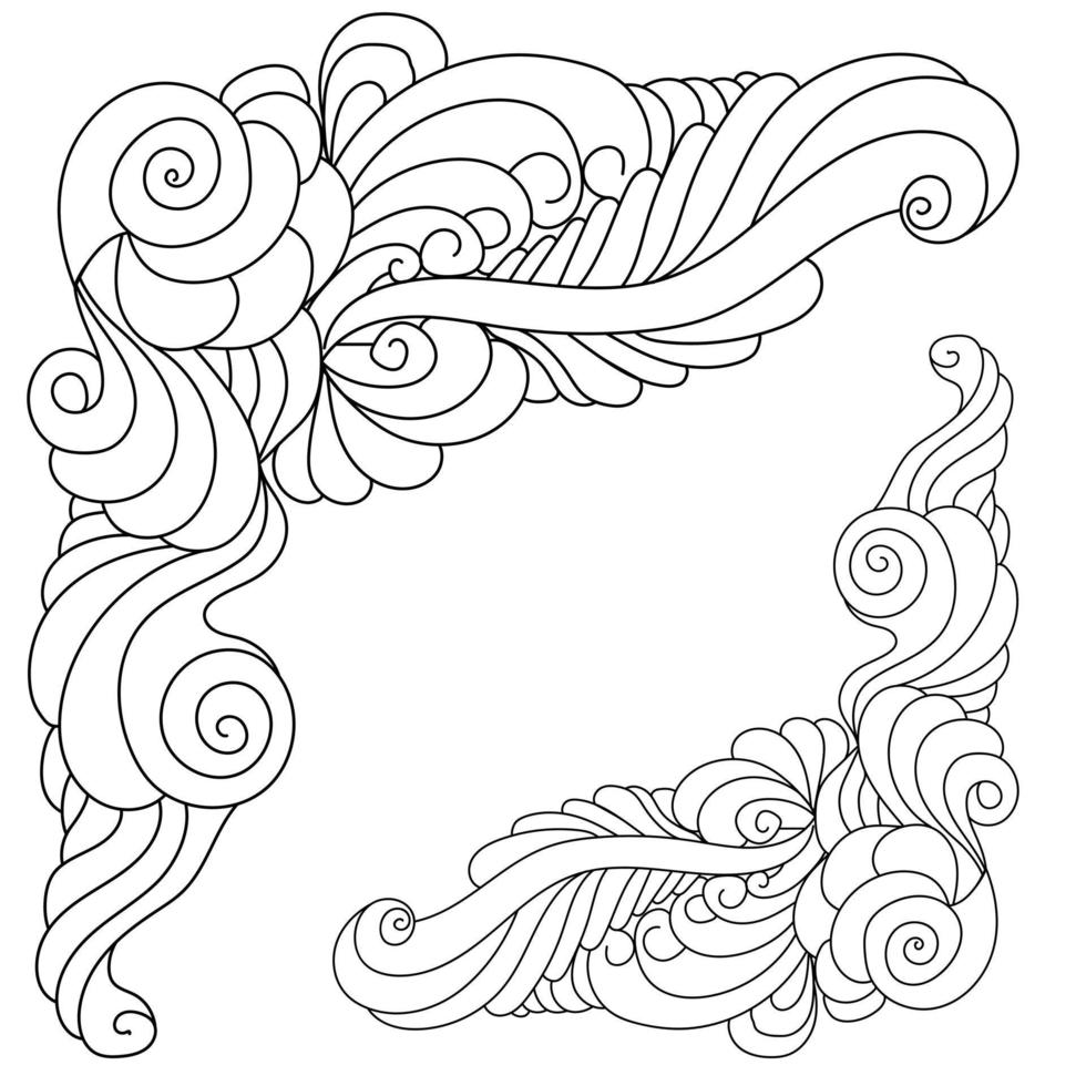 Decorative zen corner made of doodle curls and flowing lines, coloring page with corner frame with tangles and spirals, vector illustration