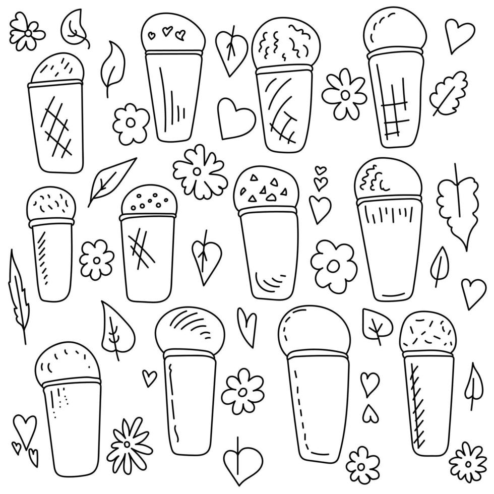 Set of doodle ice cream cups and floral floral elements, contoured cold desserts with different decor vector