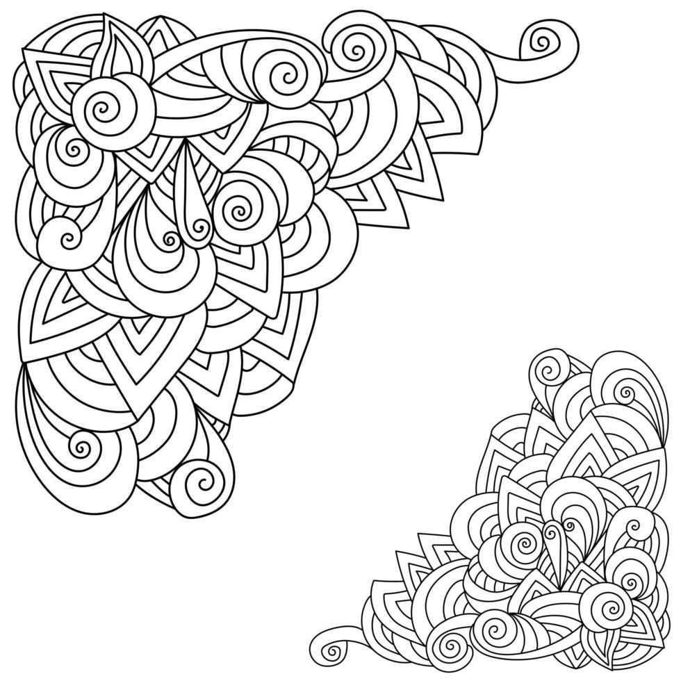 Wavy contour corner with zen patterns and wavy spirals, antistress coloring page vector