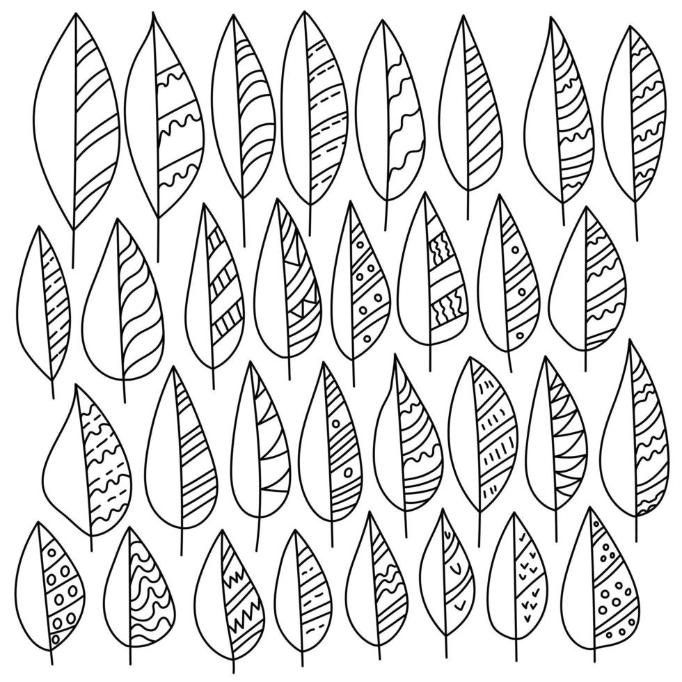 Set of doodle leaves with lines, waves and round patterns, ornate parts of plants, zen antistress coloring page contour vector illustration