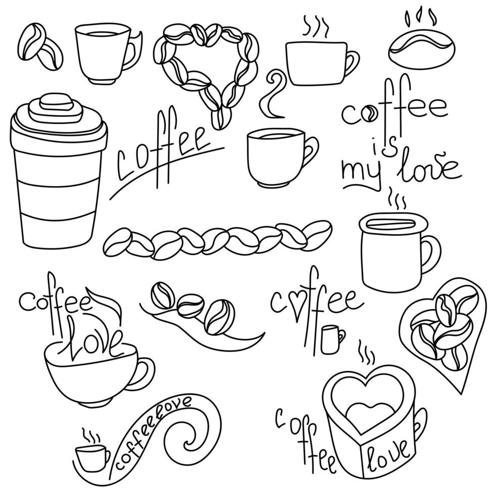 conjunto de garabatos sobre el tema del café, el café es amor, tazas y tazas con una bebida junto con letras temáticas, ilustración de contorno vector