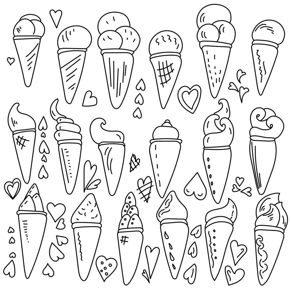 conjunto de conos de helado de garabato con tapas rizadas, página para colorear con postres fríos y corazones vector