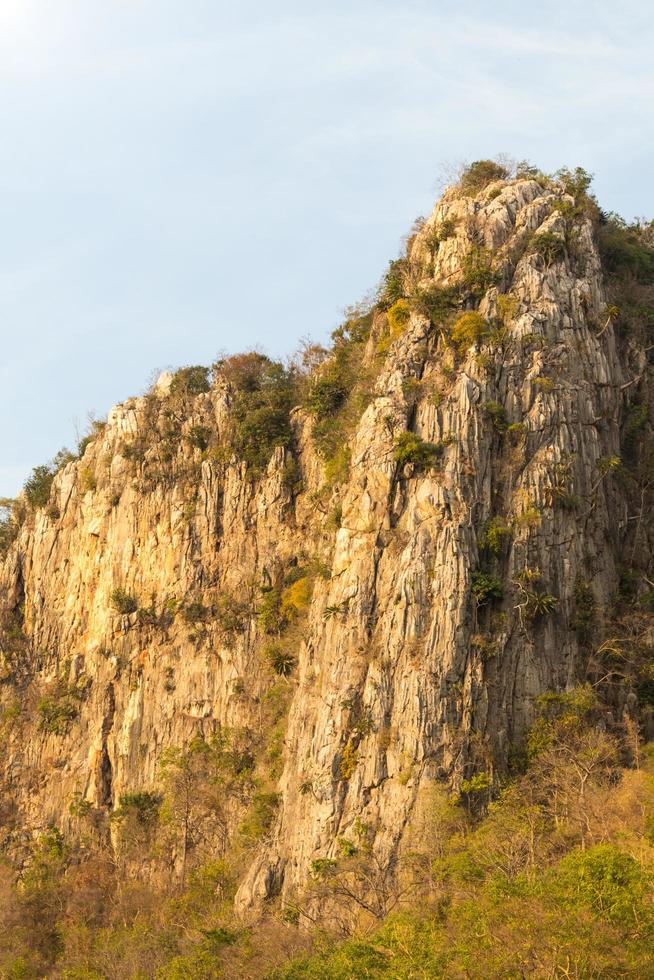 Mountain rock cliff with timber. photo