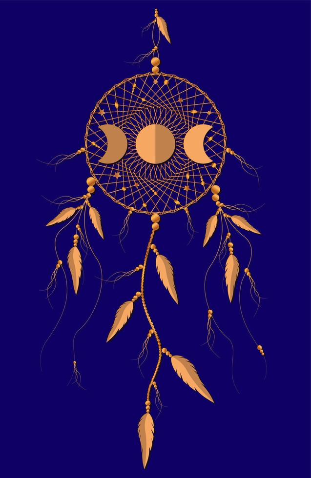 Atrapasueños mandala ornamento fases lunares y plumas de pájaro. símbolo místico dorado, arte étnico con diseño boho indio nativo americano, vector aislado en fondo azul oscuro