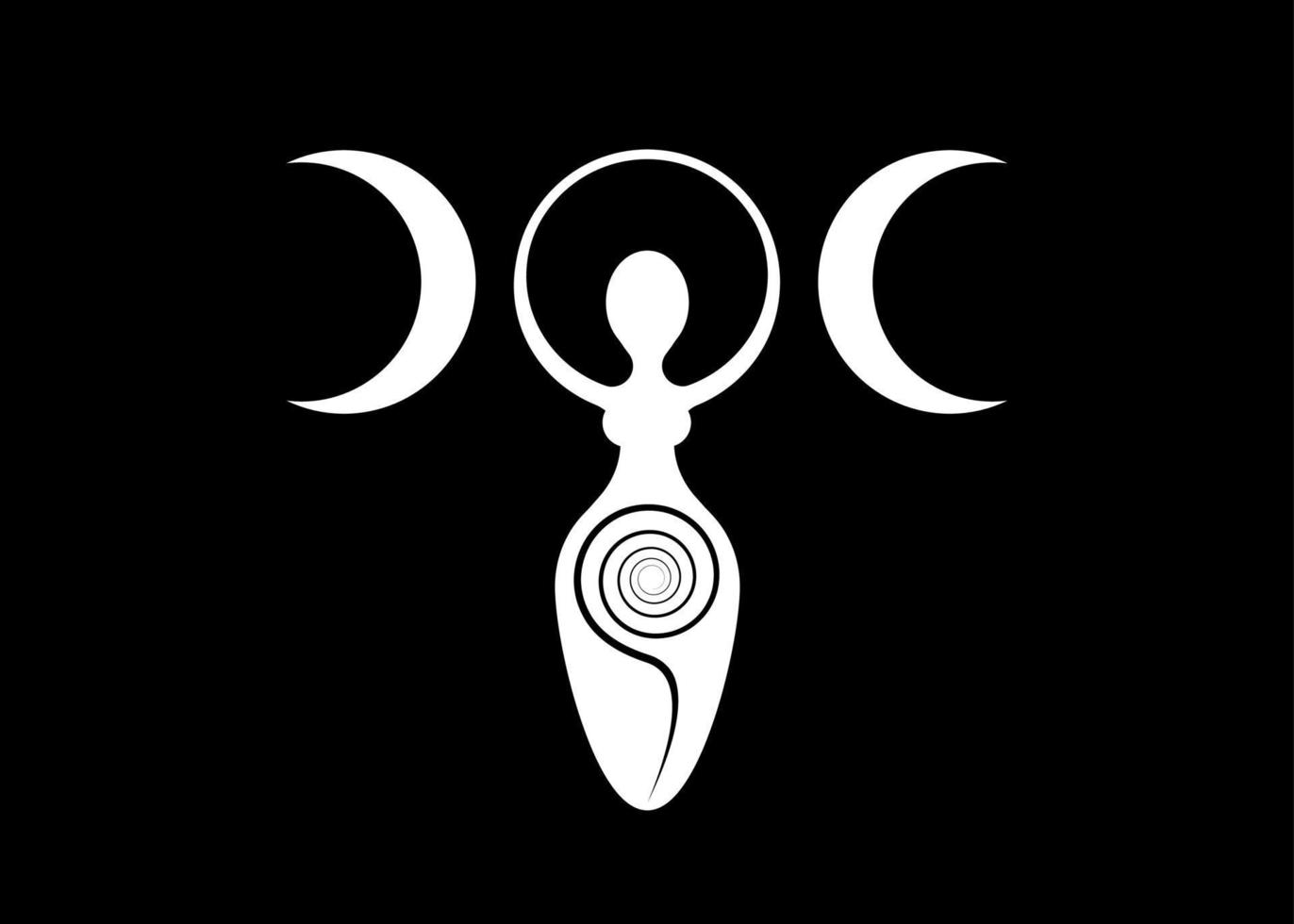 logo de la mujer wiccan diosa de la triple luna, espiral de fertilidad, símbolos paganos, ciclo de vida, muerte y renacimiento. símbolo de la madre tierra wicca de la procreación sexual, icono de signo blanco vectorial aislado en negro vector