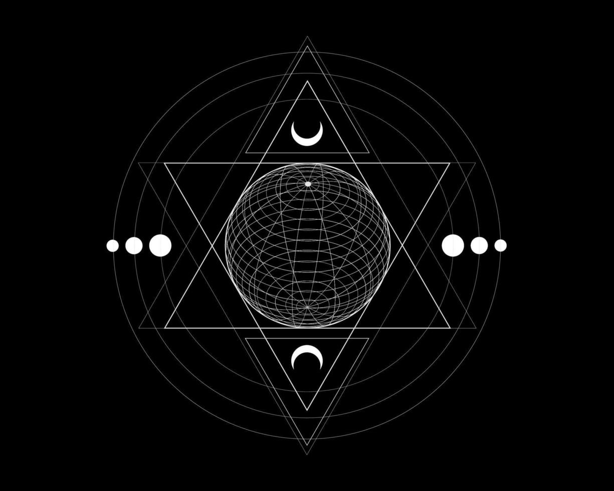 Mystical sacred geometry symbol.  alchemy magic wireframe sphere, occult, philosophical sign. For music album cover, poster, sacramental design. Astrology, religion concept. Vector isolated on black