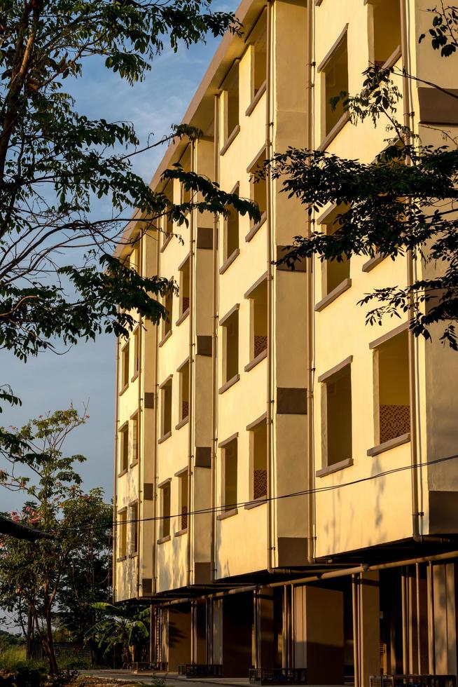 Yellow building with branches and sunlight. photo