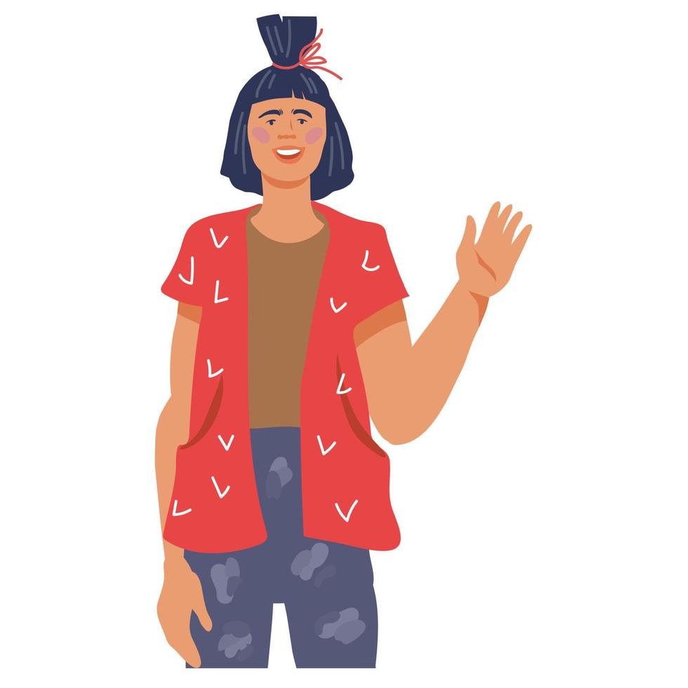 Young smiling cheerful woman with greeting gesture, standing on a white background, saying hello. Young girl waving hand in friendly greeting, flat vector illustration isolated on white background.