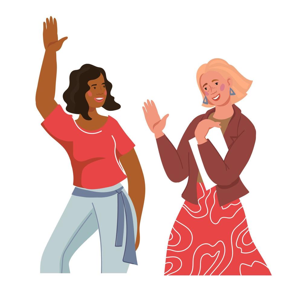 Young smiling cheerful women of different nationalities wave their hand in a friendly greeting, flat vector illustration isolated on white. Two girlfriends, multiracial friendship.