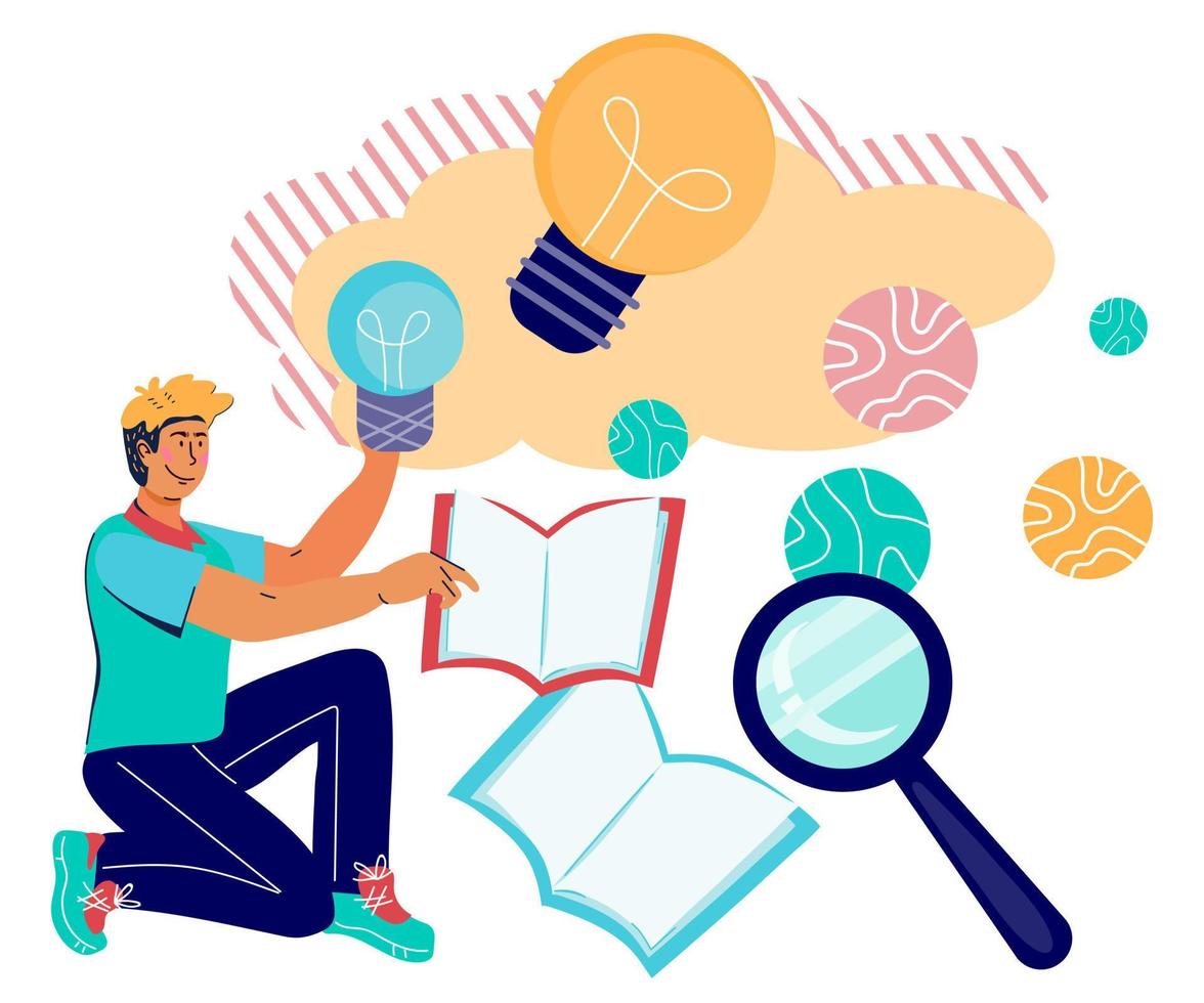 Concept of generating creative ideas and knowledge is power. Creative bright idea, innovation and education, flat vector illustration isolated on white background.