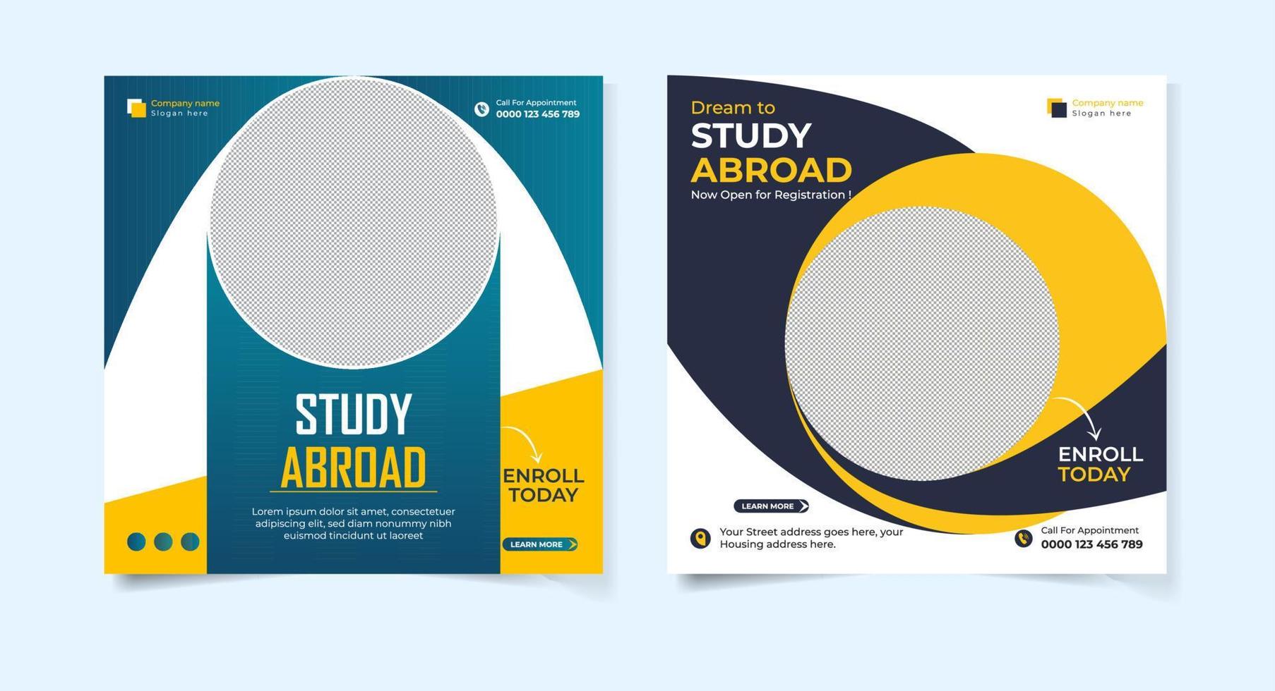 Modern study abroad social media post design template set vector