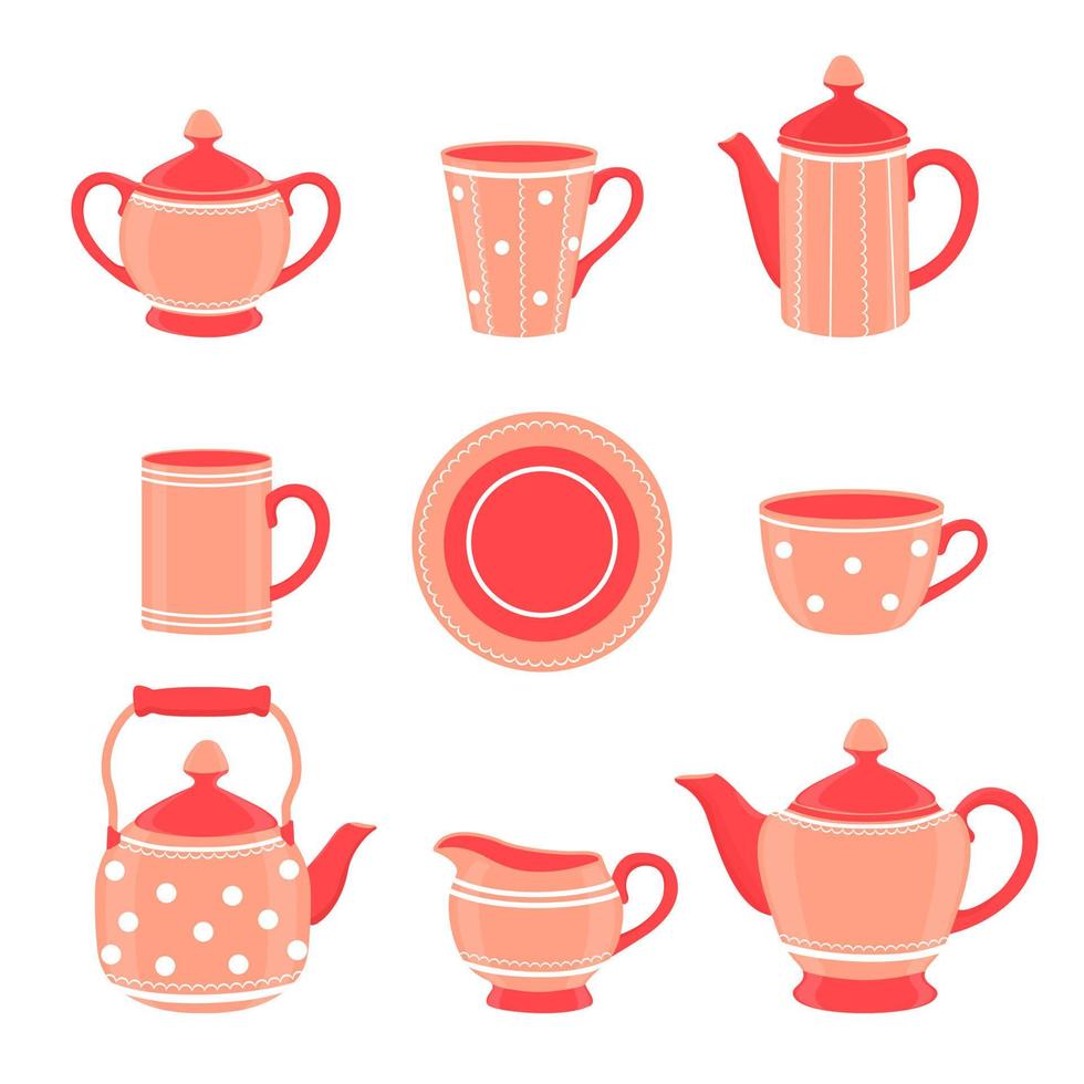 Coffee set or tea set.Tea accessories in the kitchen. Vector cartoon illustration