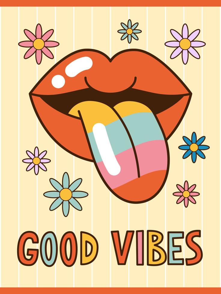 70s hippie vector poster. Retro groovy print. Cartoon illustration with daisy flowers and lips with protruding rainbow tongue.