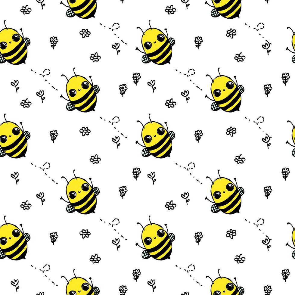 Cute doodle baby bee white seamless pattern, minimalism hand drawn flowers. Summer texture, insect textile, children wallpaper. vector