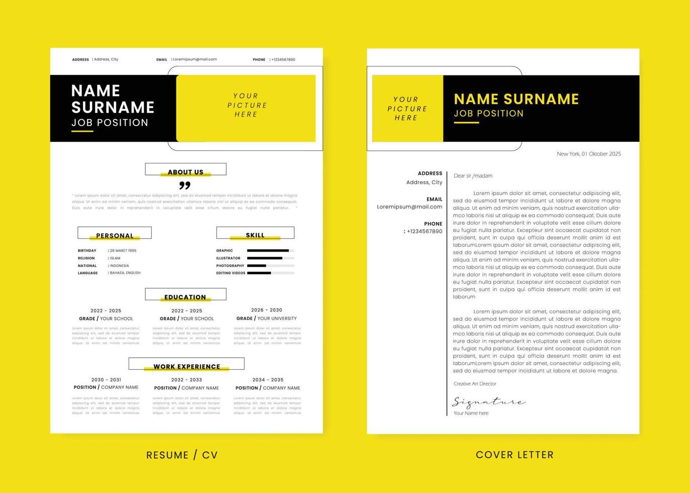 plantilla de diseño de currículum y carta de presentación de minimalis cv. diseño moderno profesional súper limpio y claro. elementos minimalistas elegantes e iconos con color negro y amarillo - plantilla vectorial. vector