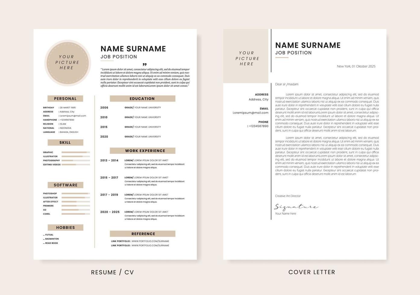 Minimalis CV Resume and Cover Letter Design Template. Super Clean and Clear Professional Modern Design. Stylish Minimalis Elements and Icons with Soft Brown Color - Vector Template.
