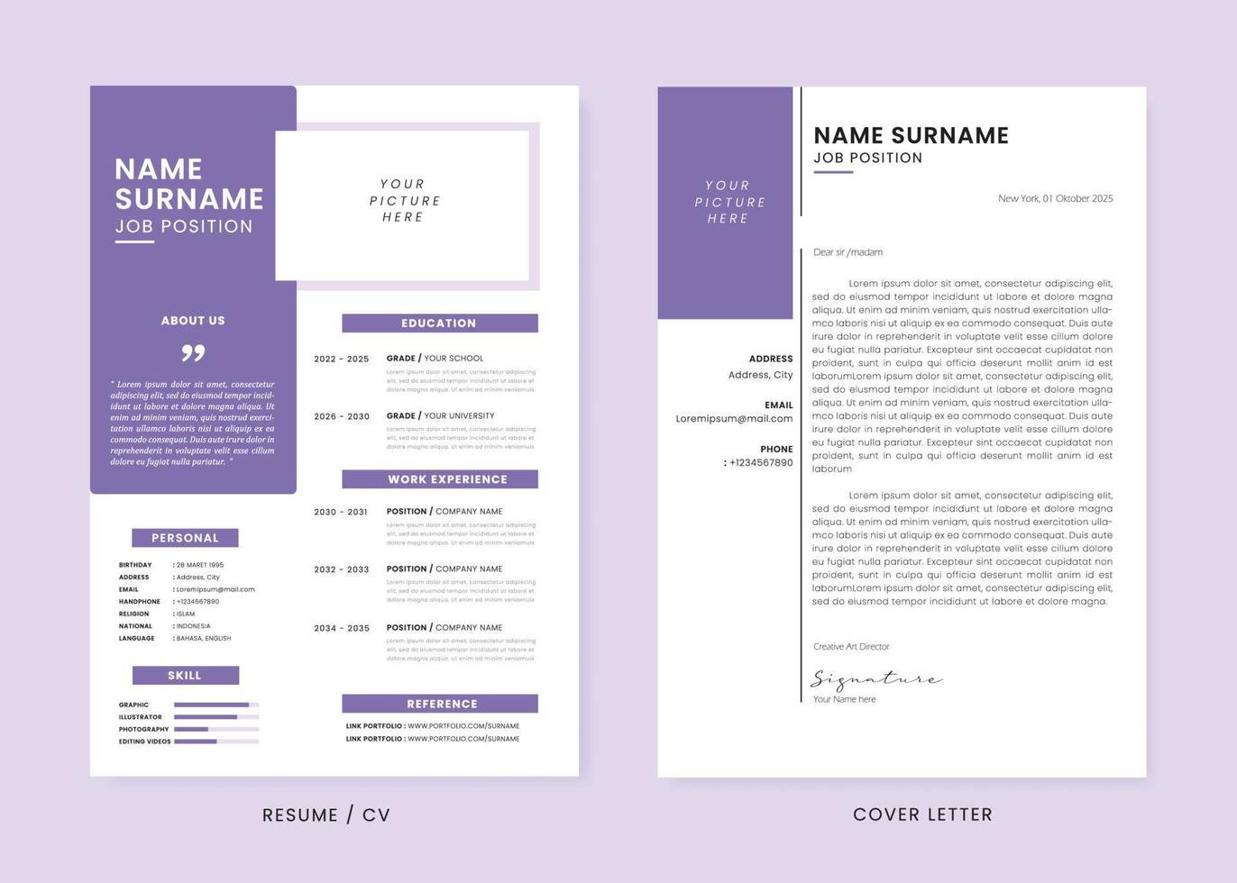 Minimalis CV Resume and Cover Letter Design Template. Super Clean and Clear Professional Modern Design. Stylish Minimalis Elements and Icons with Purple Color - Vector Template.