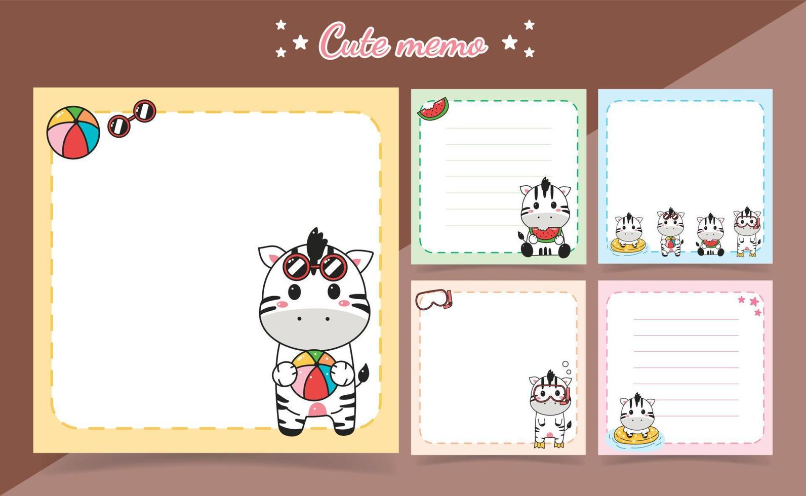 cute zebra cartoon summer memo notes Template for Greeting Scrap booking Card Design vector