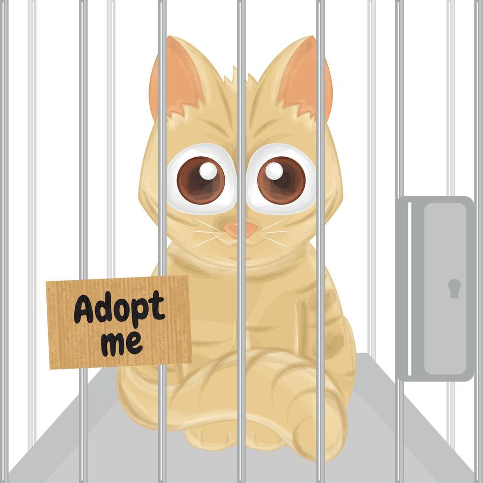 Cute sad kitty in a cage Pet adoption Vector