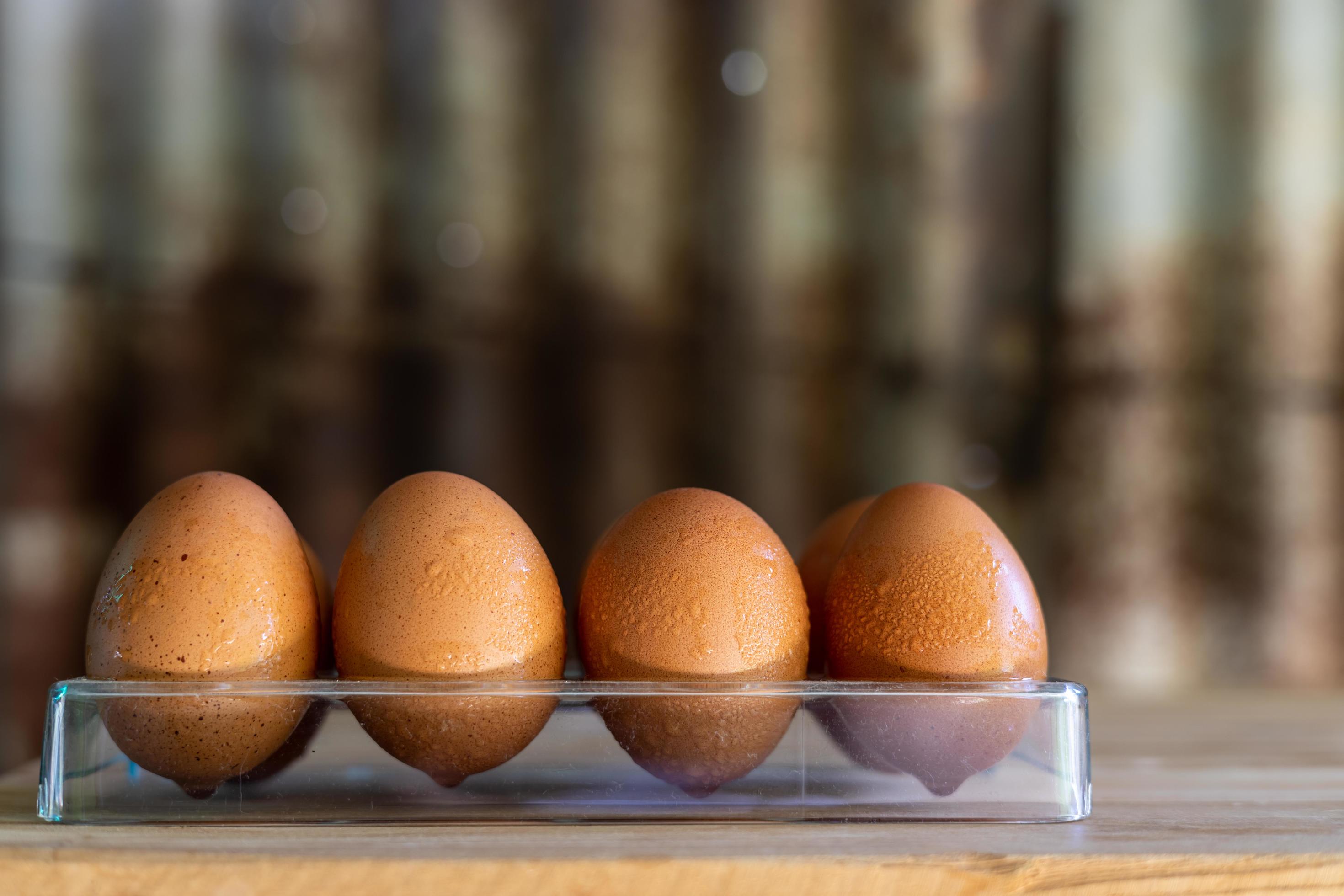 Chicken eggs in a plastic box with old zinc in the background. 7554895