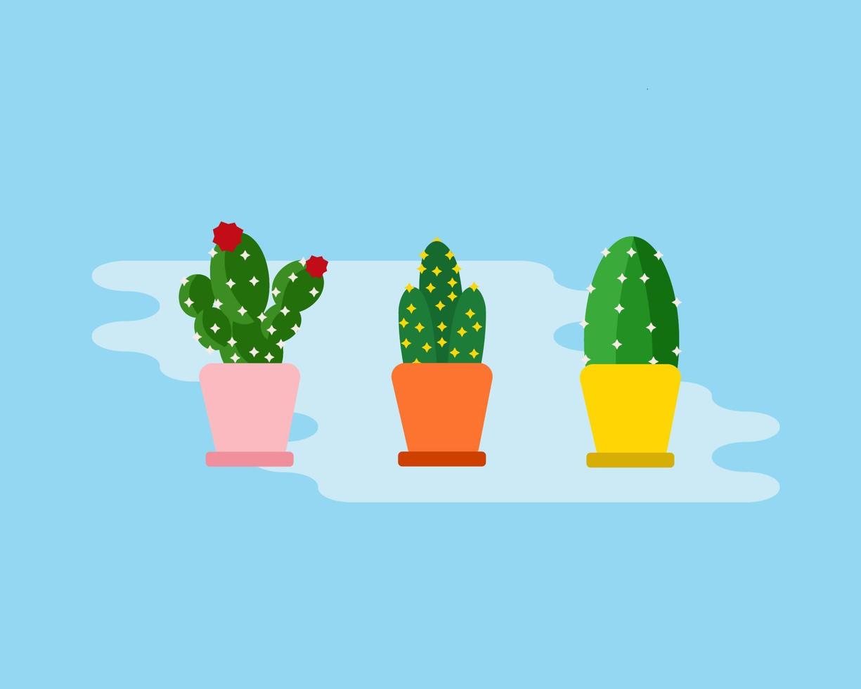 Kawaii cactus in the colorful pot on blue background. vector