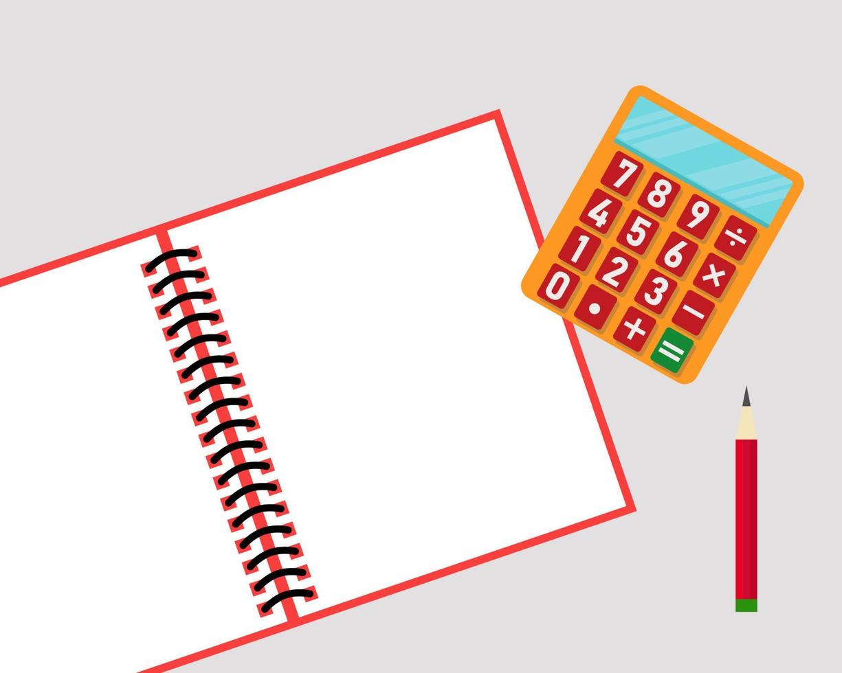 Top view. Calculator, pencil, paper page on the work place. Education or finance concept vector