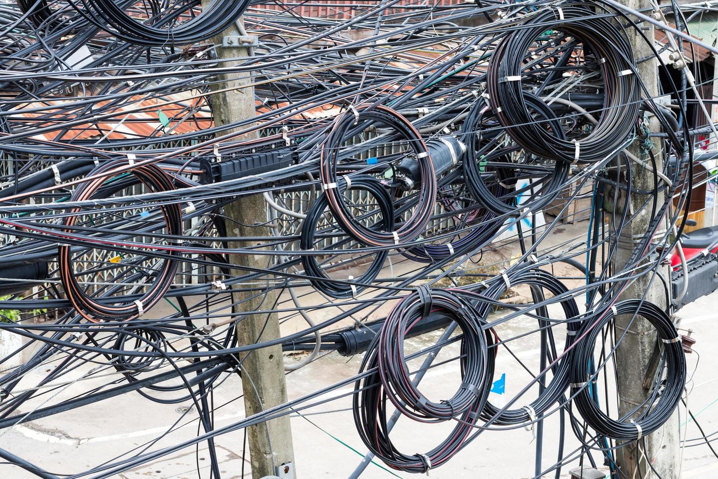 Wire rolls tangled on poles. photo
