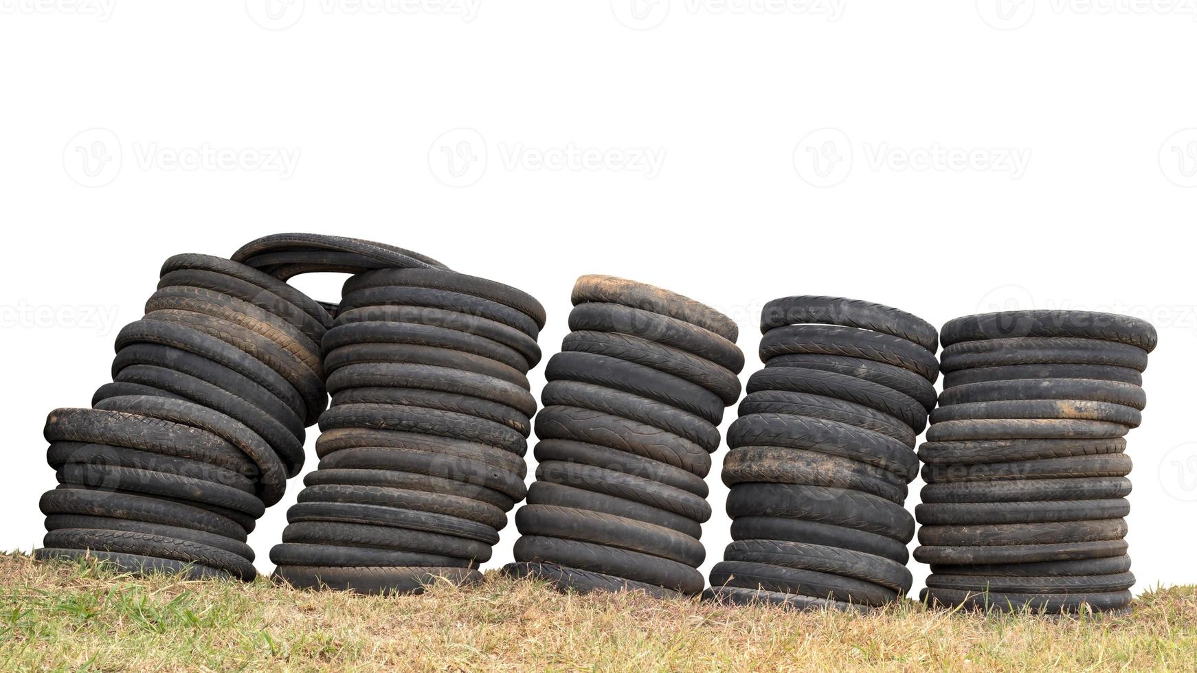 Isolate motorcycle tires are stacked overlapping many rows. photo
