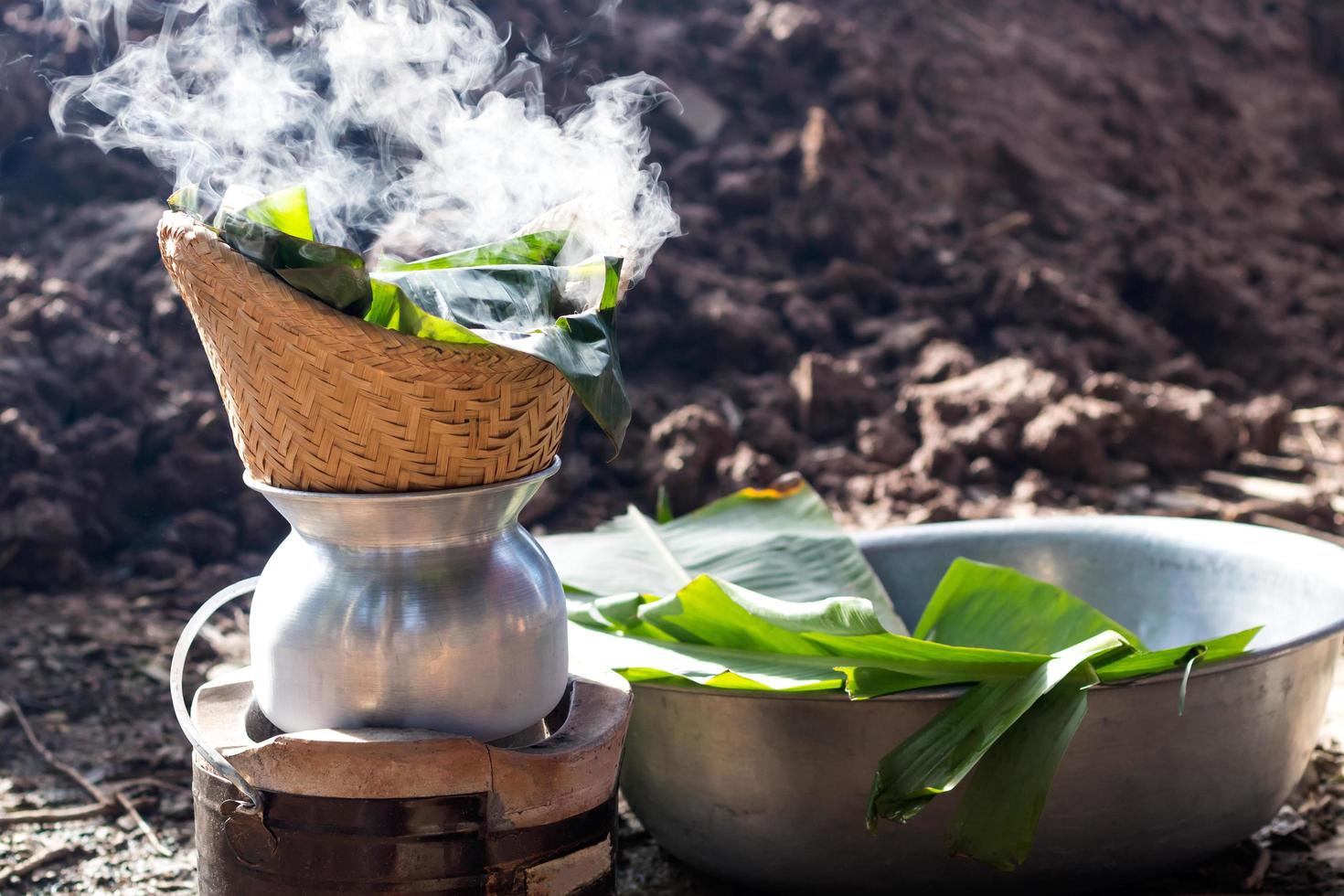 Steamed rice with banana smoke. photo