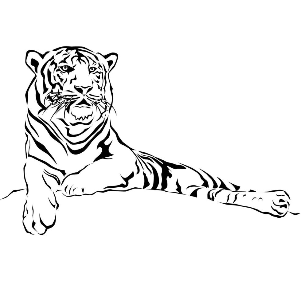 Tiger sitting, black and white, vector