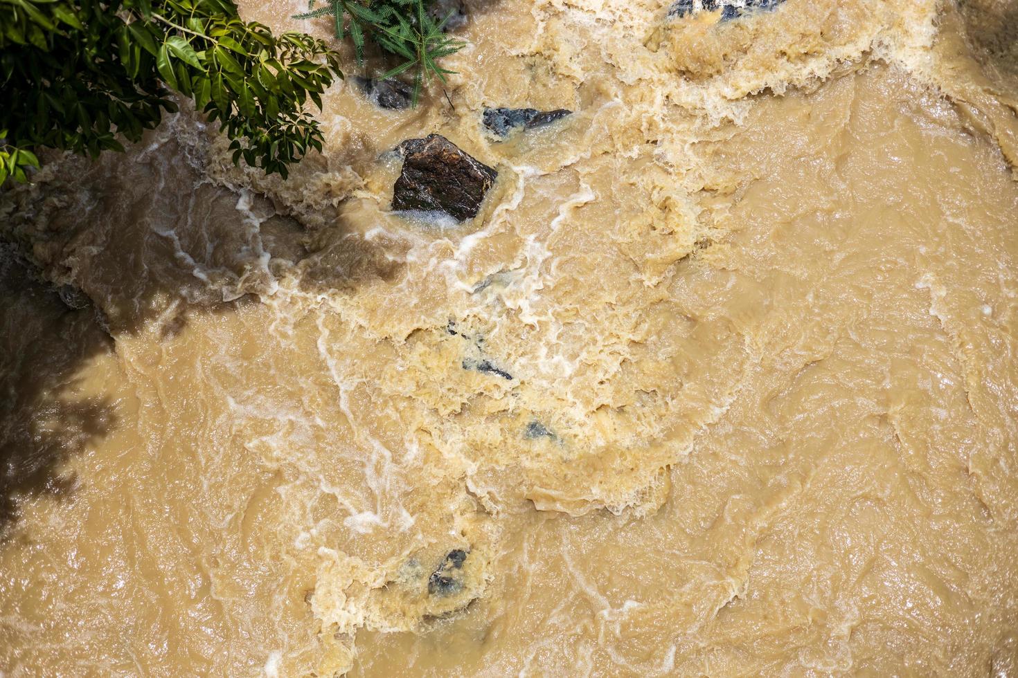 vista superior el agua salvaje fluye violentamente a través de las rocas y los arbustos. foto