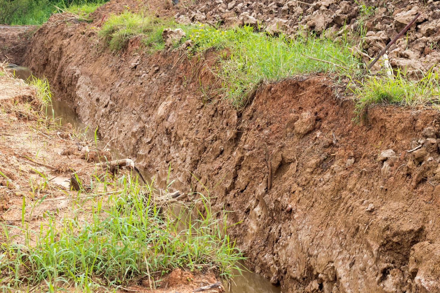Gravel trenches with little water. photo