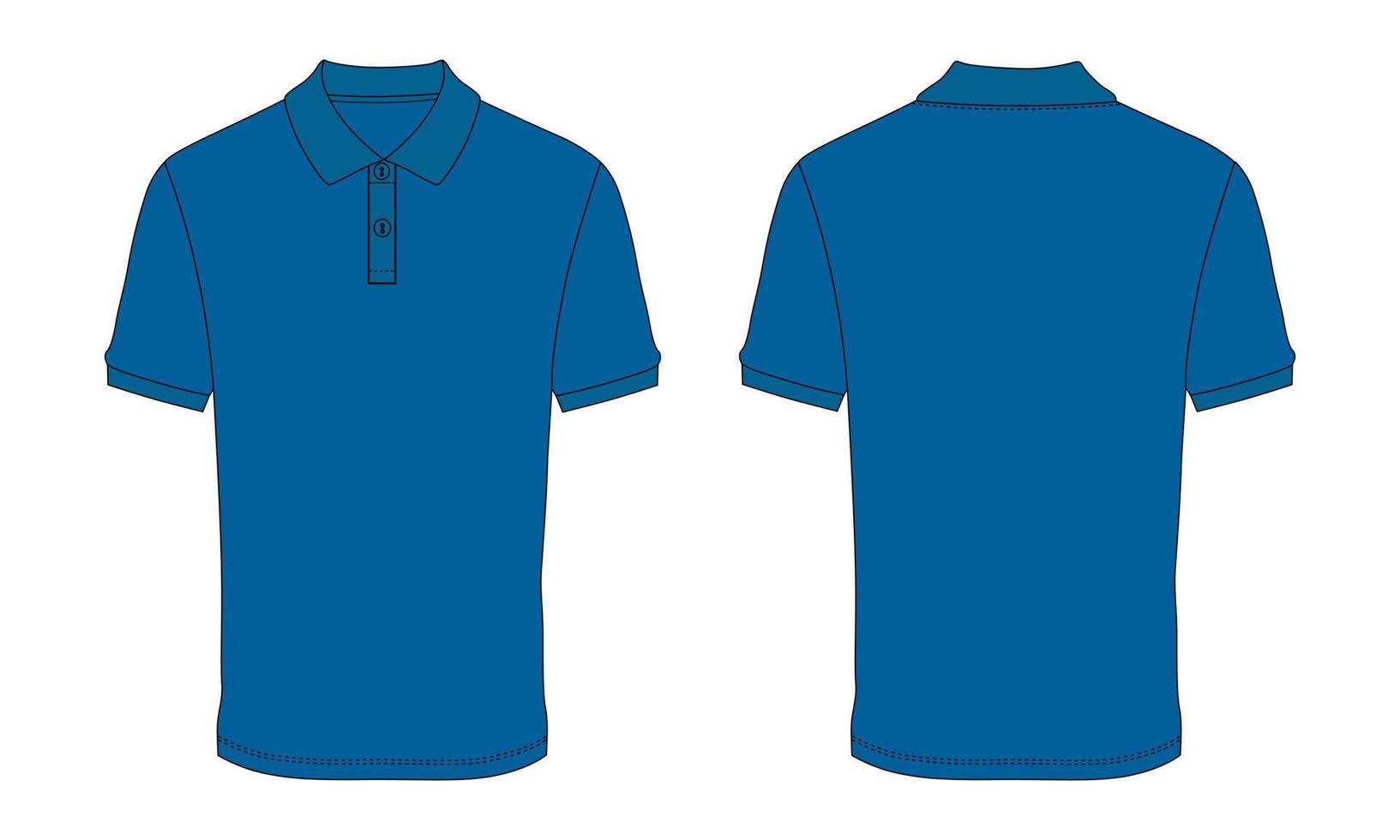 polo de manga corta moda dibujo plano vector ilustración plantilla de color azul vistas frontal y trasera aisladas sobre fondo blanco.