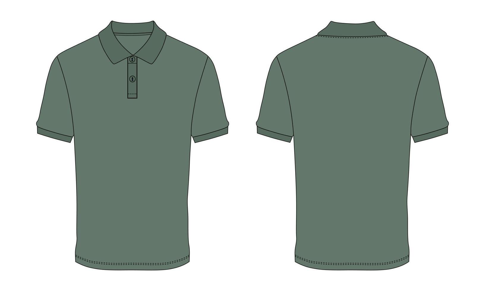 polo de manga corta moda dibujo plano vector ilustración plantilla de color verde vistas frontal y trasera aisladas sobre fondo blanco.