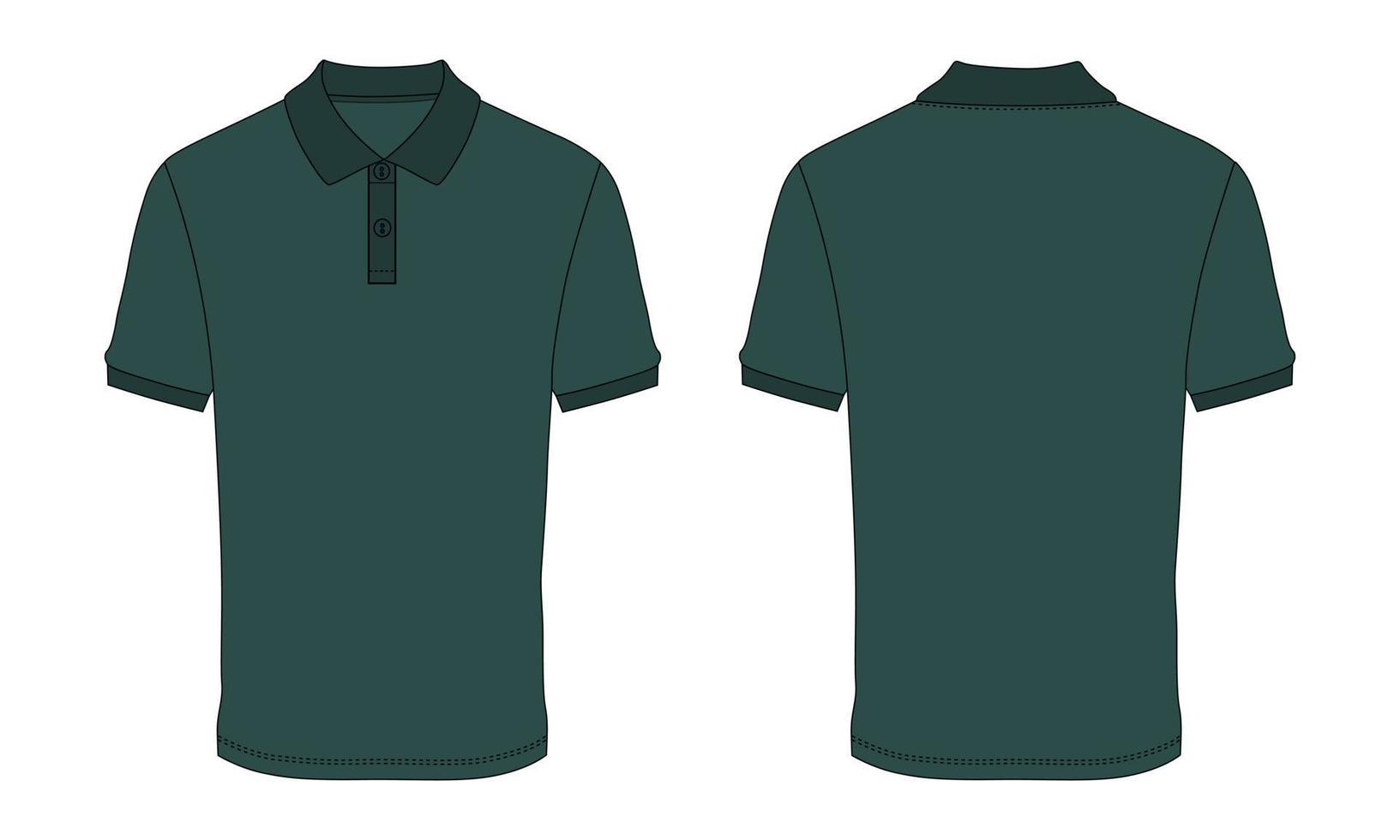 polo de manga corta moda dibujo plano vector ilustración plantilla de color verde vistas frontal y trasera aisladas sobre fondo blanco.