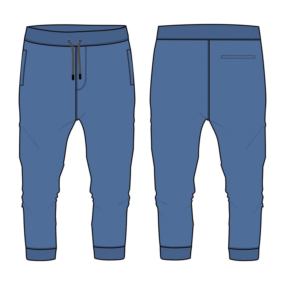 jersey de algodón de vellón jogger básico pantalón de chándal moda técnica croquis plano ilustración vectorial plantilla de color azul marino vistas frontal y posterior aisladas en fondo blanco. vector