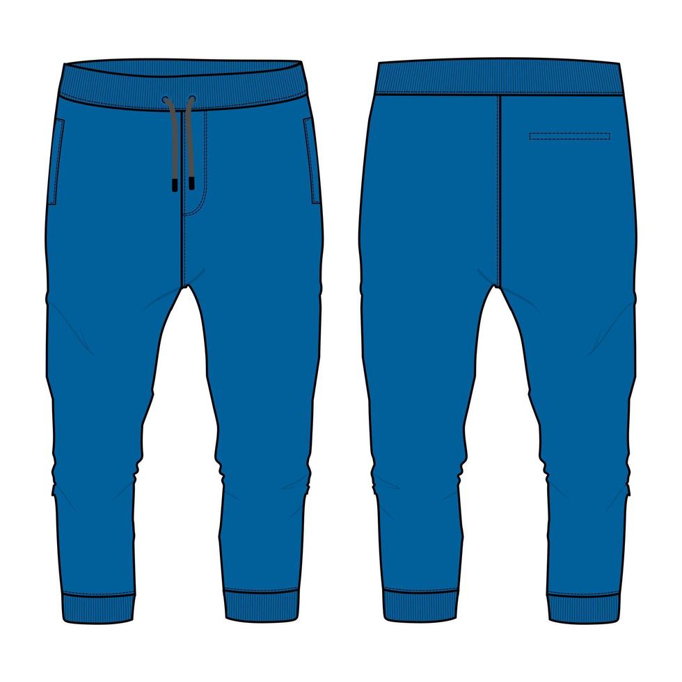 jersey de algodón de vellón jogger básico pantalón de chándal moda técnica croquis plano ilustración vectorial plantilla de color azul vistas frontal y posterior aisladas en fondo blanco. vector