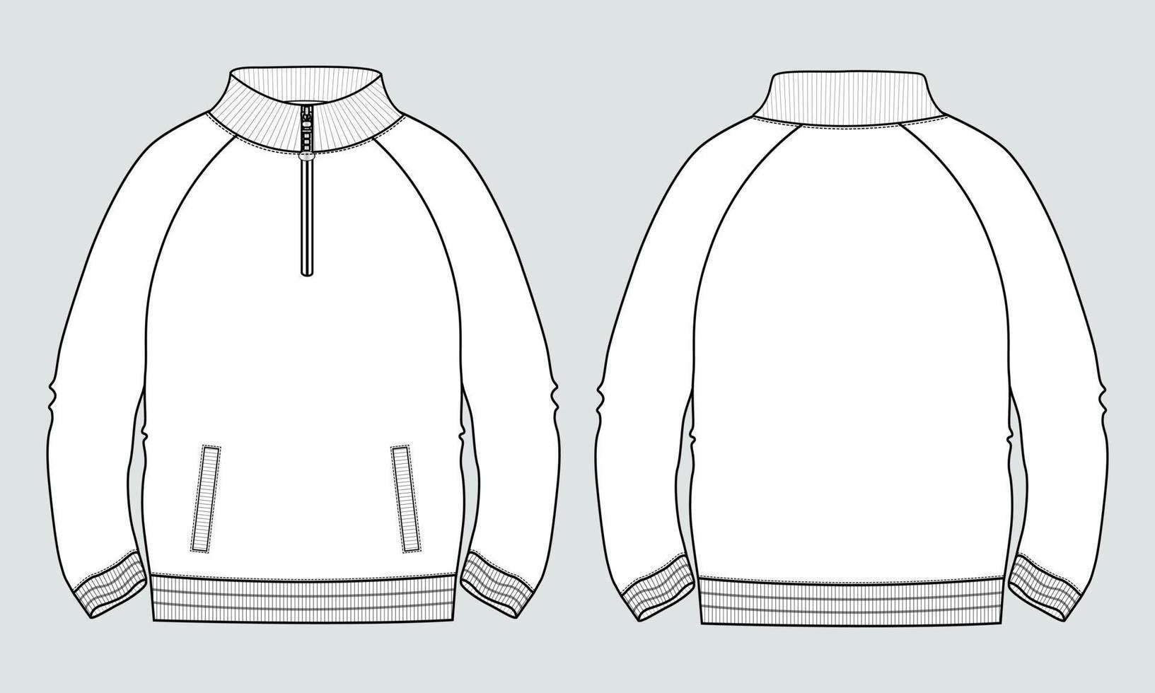 chaqueta de manga larga con bolsillo y cremallera vista frontal y posterior de la plantilla de ilustración vectorial de boceto plano de moda técnica. Chaqueta tipo sudadera de tejido polar para hombre y niño. vector