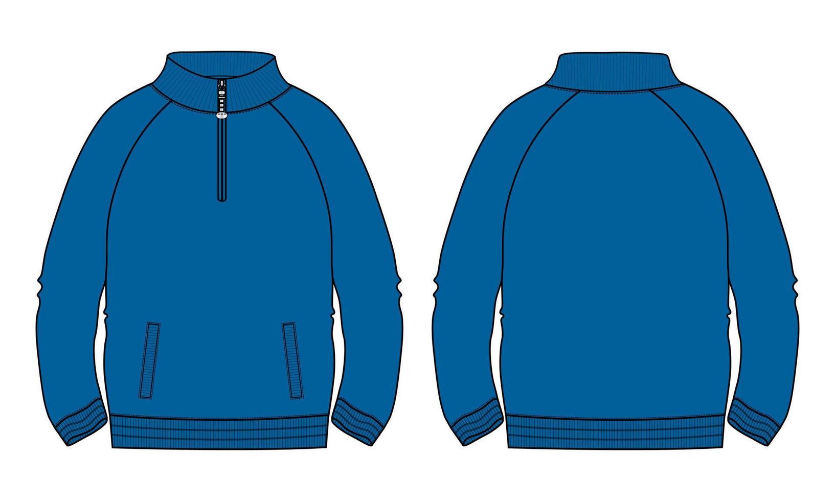 Long sleeve jacket with pocket and zipper technical fashion flat sketch vector illustration blue Color template. Fleece jersey sweatshirt jacket for men's and boys