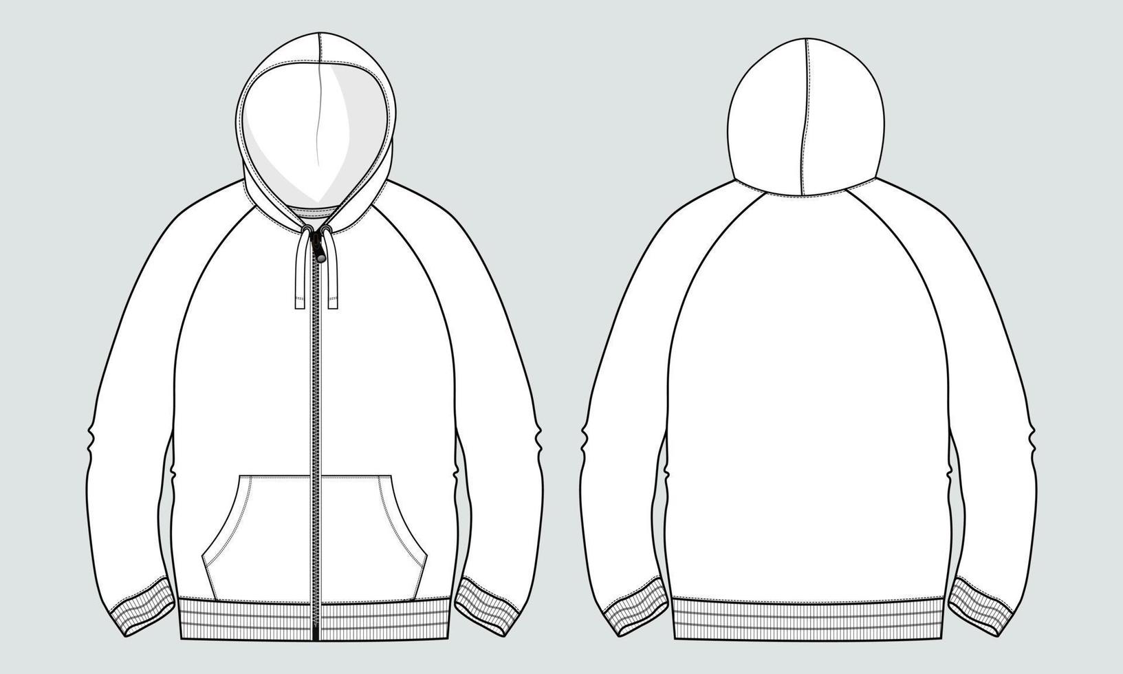 Long sleeve Hoodie technical fashion flat sketch vector illustration template front and back views.