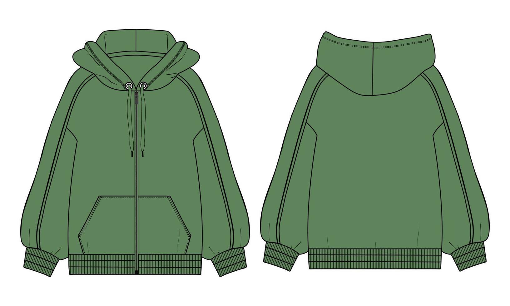 manga larga con capucha moda técnica dibujo plano ilustración vectorial plantilla de color verde vistas frontal y posterior. vector