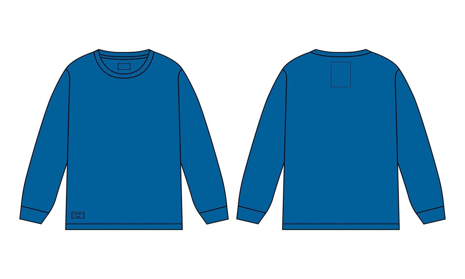Long sleeve t shirt Technical Fashion flat sketch vector illustration blue color template Template Front and back views Isolated on white background.