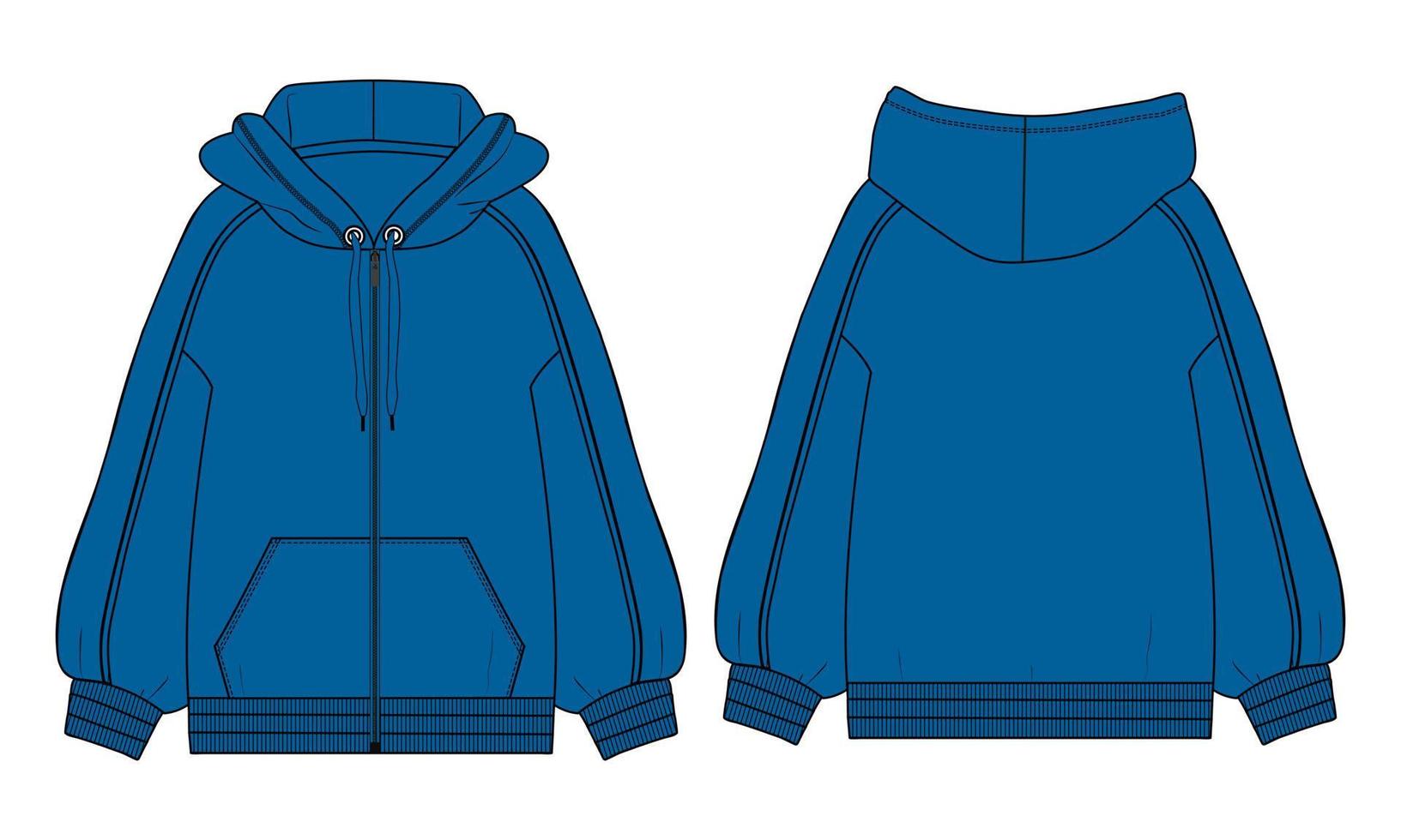 Long sleeve Hoodie technical fashion flat sketch vector illustration Blue Color template front and back views.