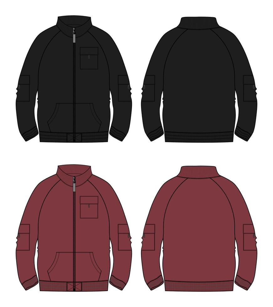 Long sleeve jacket  technical fashion flat sketch vector illustration Red and Black color template Front and back views.